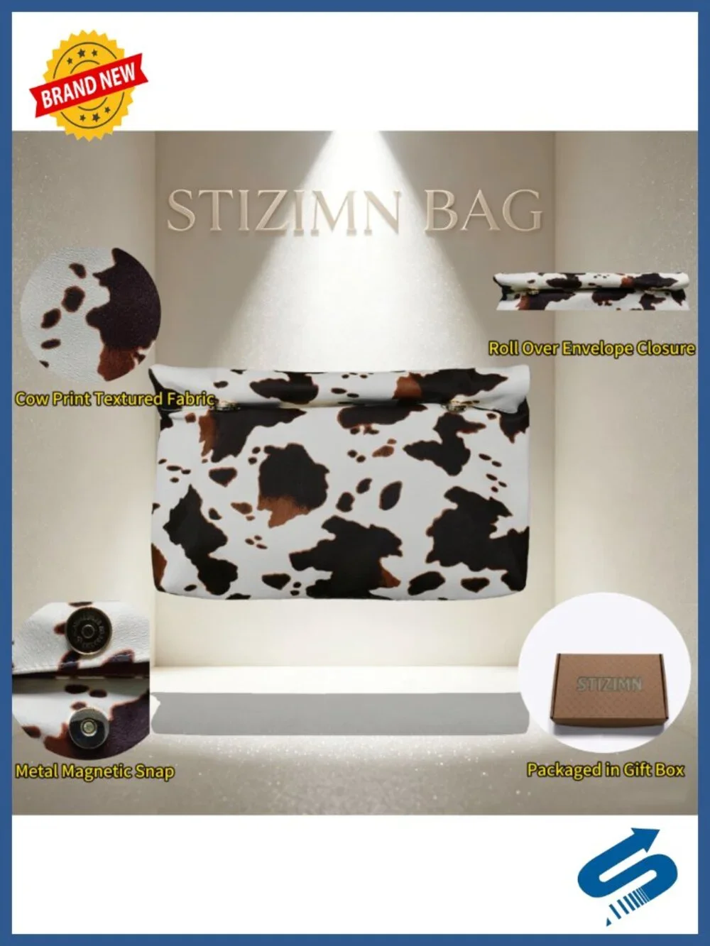 Faux Leather Cow Print Envelope Clutch Evening Bag Party Wedding Prom